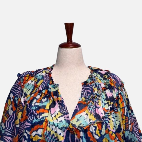 Entro Boho Ruffle V-Neck Colorful Abstract Print Puff Sleeves Blouse (Size S) - Picture 2 of 13